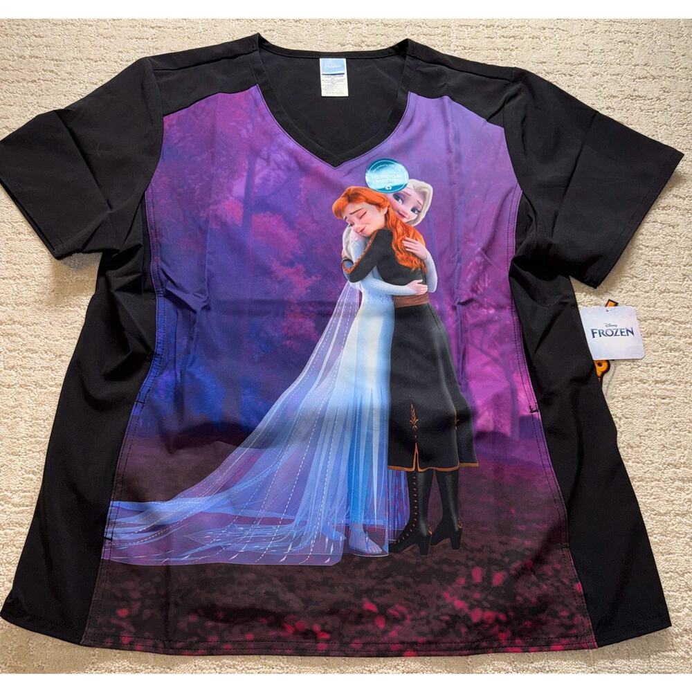 Tooniforms Scrub Top Womens XL Black Frozen Elsa Anna V-Neck Tunic Nurse‎